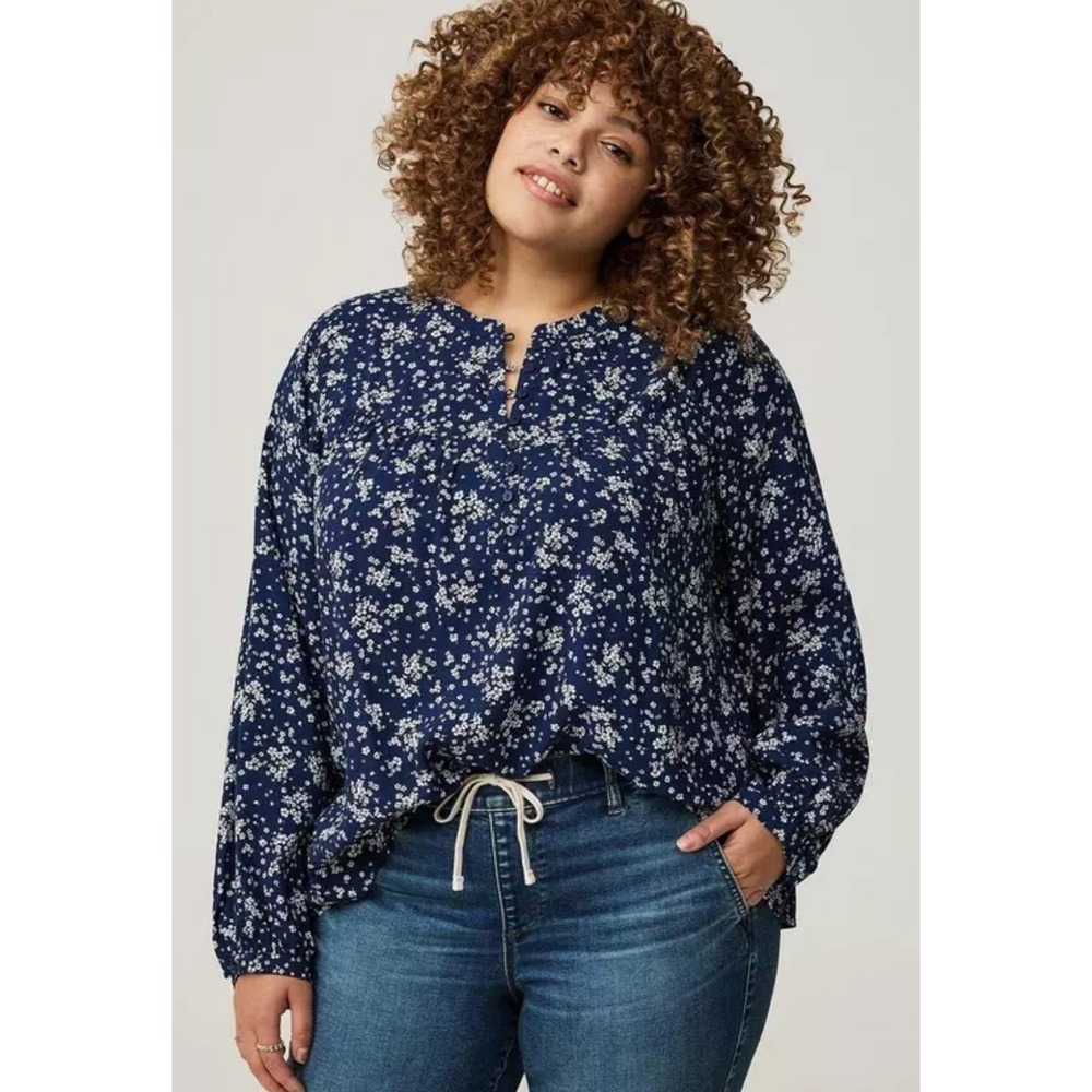 TORRID‎ Navy White Floral Print Peasant Blouse Long Sleeve Plus Size 22 24